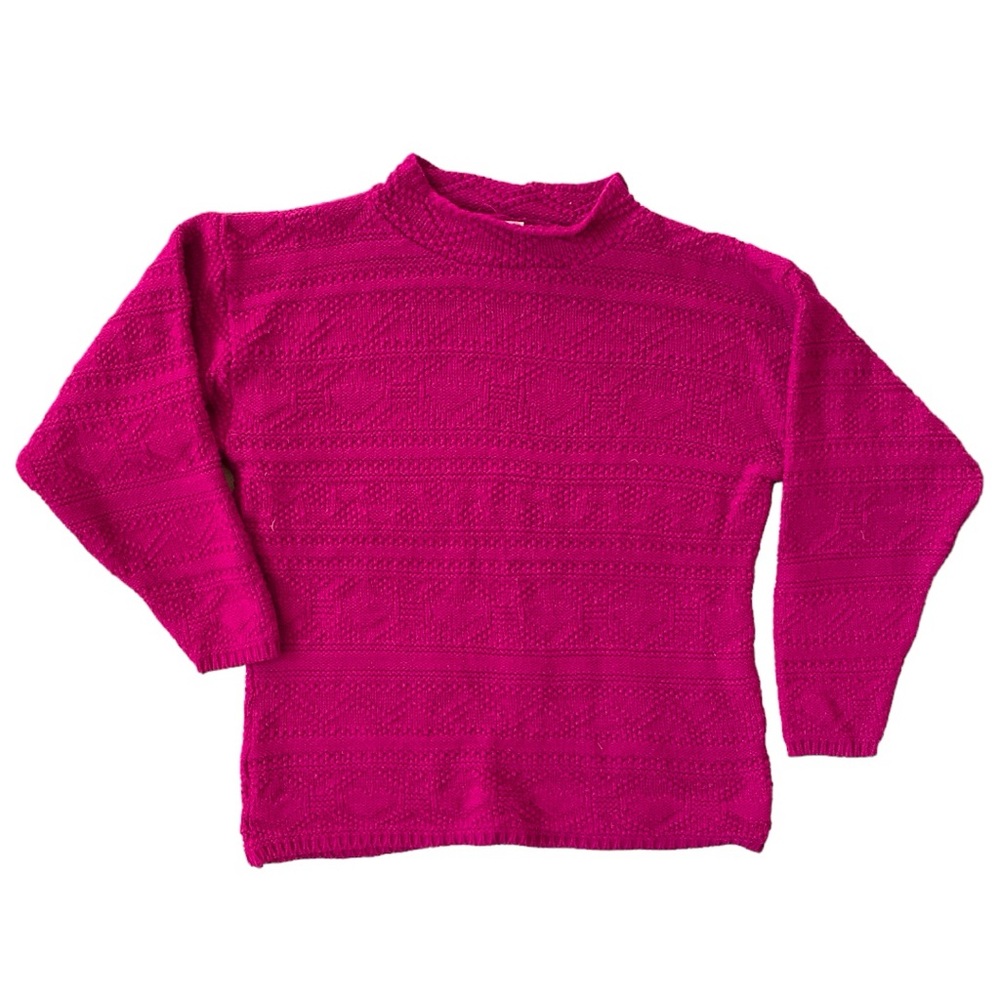 VINTAGE 90s 80s  Sweater Heart Pink Pullover Knit Faux Turtleneck Cozy
